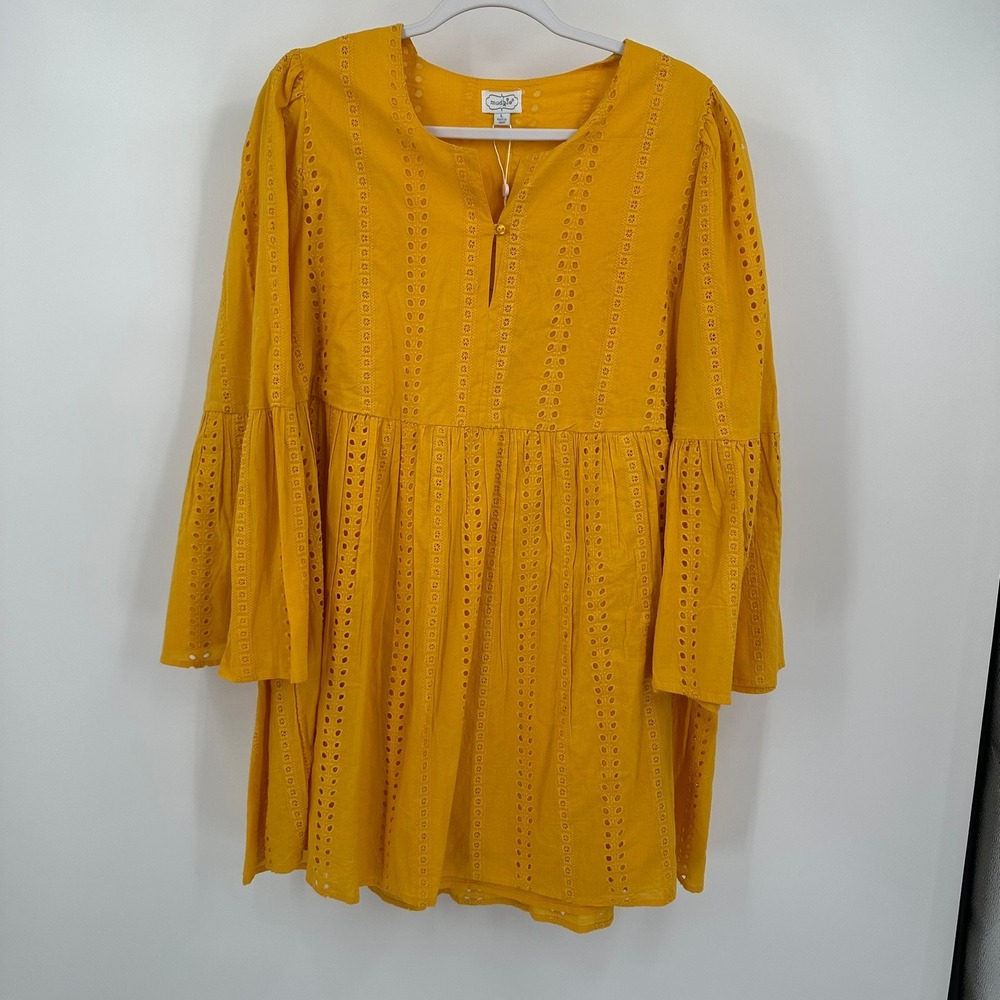 Mud Pie Womens Boho Cottagecore Eyelet Mini Dress Size L Peasant Mustard Yellow